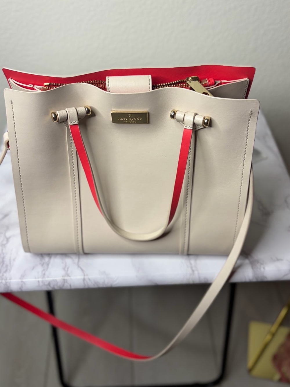 kate spade Ivory Tote with Coral Accents